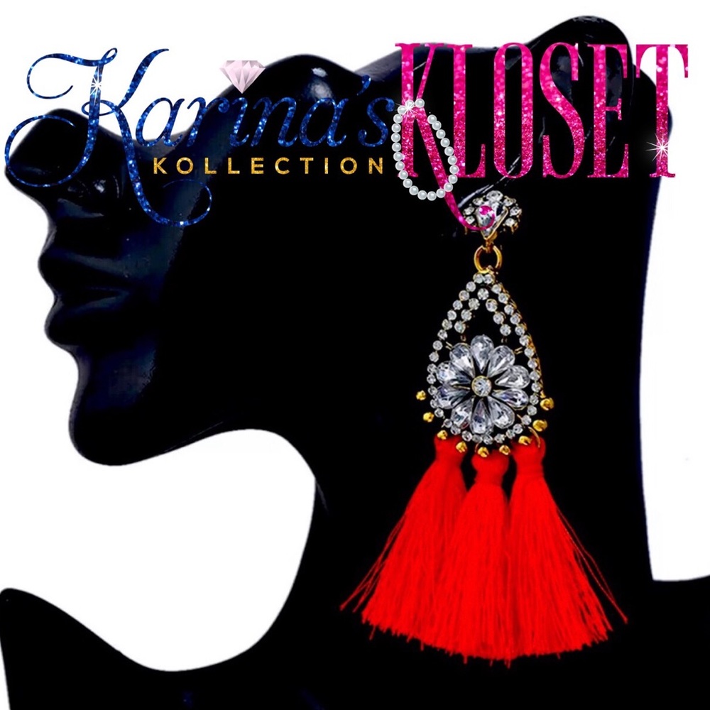 Scarlett Red Tassel Bohemian Crystal Earrings, Prom Earrings, Gold Plated, Jewel